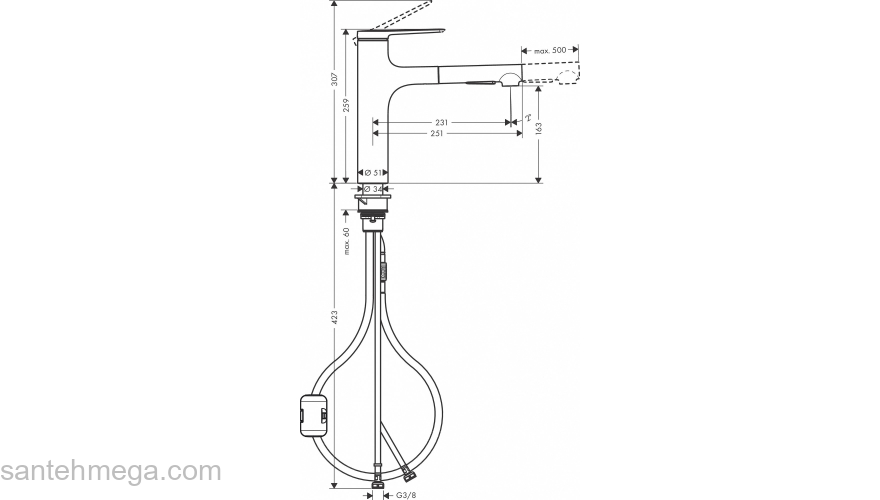 Смеситель для кухни Hansgrohe Zesis M33 74801000 с вытяжным душем. Фото