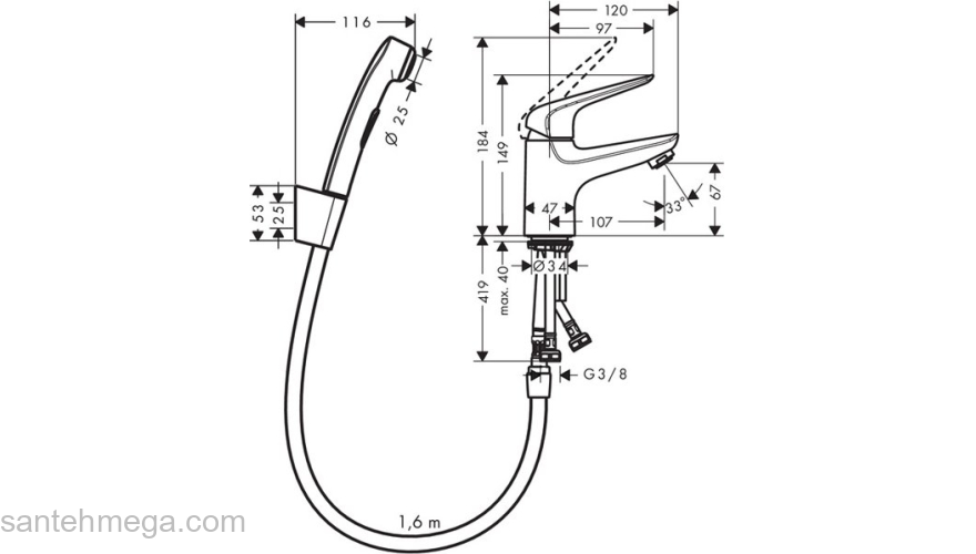 Смеситель для раковины с гигиеническим душем Hansgrohe Novus 71144000. Фото