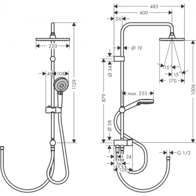 Душевая система Showerpipe 230 1jet Hansgrohe Vernis Shape Reno 26282670 черный. Фото
